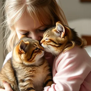 a cute cat being affectionate with a young girl, cat nuzzling the girl, warm and heartwarming scene, soft natural lighting