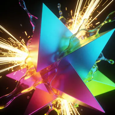 A dynamic abstract composition featuring electric neon gradients flowing from vibrant magenta to cyan blue, with explosive bu