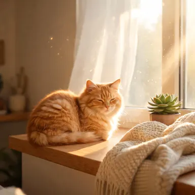 A cute cat sitting on a windowsill, soft natural light streaming through the window, cozy indoor scene, warm colors, photorea