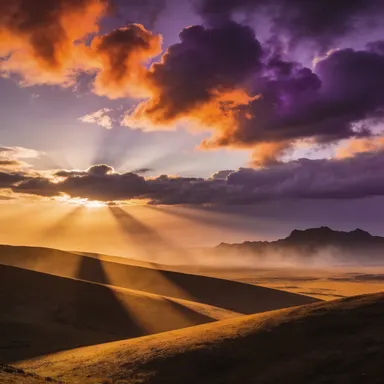 Cinematic sunset landscape, golden hour light casting long shadows across rolling hills, dramatic clouds with fiery orange an