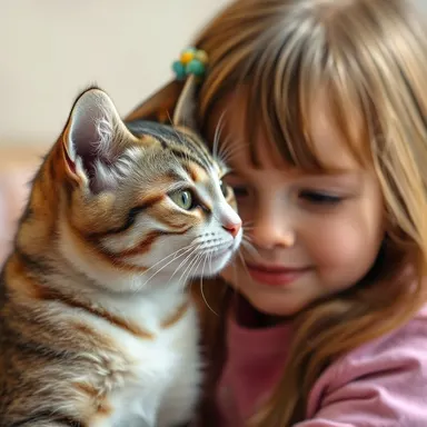 a cute cat being affectionate with a young girl, cat nuzzling the girl, warm and heartwarming scene, soft natural lighting