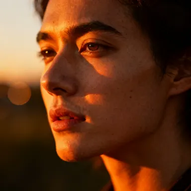 Cinematic portrait, golden hour lighting, warm amber and orange tones, soft bokeh background, face illuminated by low sun, ph