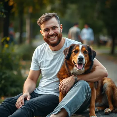 a man sitting with his dog, warm natural lighting, friendly casual scene