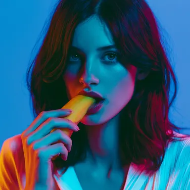 a girl is eating banana, highly detailed, sharp focus, professional photography, beautiful lighting, vivid colors, stunning c