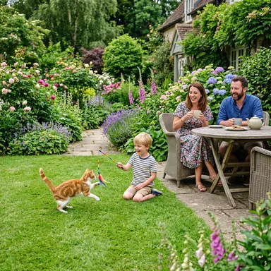 cat and a boy playing in the garden with dad and mom sipping team besides me., highly detailed, sharp focus, professional pho