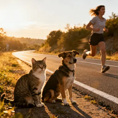 cat with a dog sitting on a road side with a woman running fast, highly detailed, sharp focus, professional photography, beau