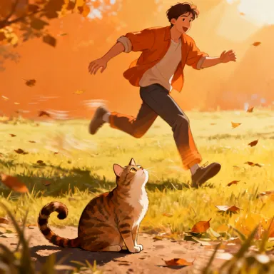 man running behind a cat who is just sitting idle