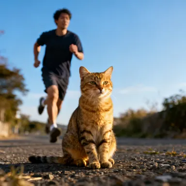 man running behind a cat who is just sitting idle, highly detailed, sharp focus, professional photography, beautiful lighting