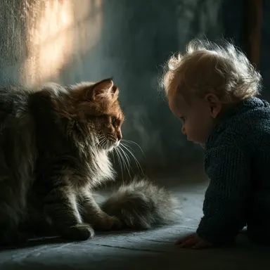cat playing with a baby, highly detailed, sharp focus, professional photography, beautiful lighting, vivid colors, stunning c