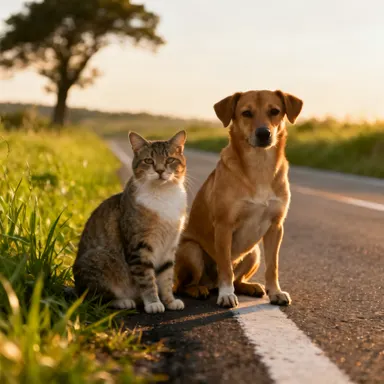 cat with a dog sitting on a road side, highly detailed, sharp focus, professional photography, beautiful lighting, vivid colo