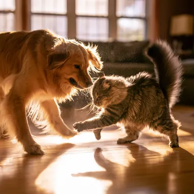 A golden retriever and a fluffy gray tabby cat playfully wrestling on a sun-drenched hardwood floor in a cozy living room. Wa