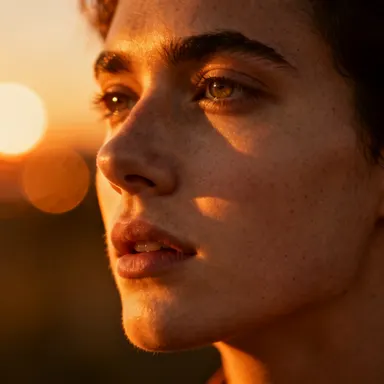 Cinematic portrait, golden hour lighting, warm amber and orange tones, soft bokeh background, face illuminated by low sun, ph