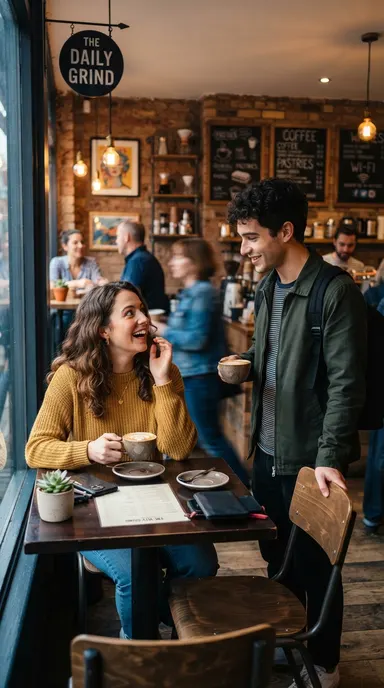 gitl and boy meeting for the first time in the coffee shop in 9:16 model, highly detailed, sharp focus, professional photogra
