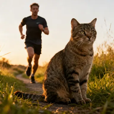 man running behind a cat who is just sitting idle, highly detailed, sharp focus, professional photography, beautiful lighting