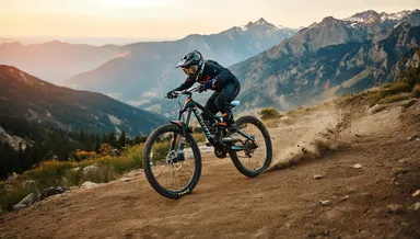 A mountain biker riding a dark blue and orange full-suspension downhill mountain bike at high speed on a rugged mountain trai