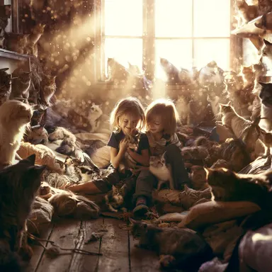 A young girl and boy sitting together in a cozy, sunlit room surrounded by dozens of cats of various breeds and colors. The g