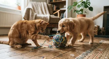 a cat and dog are playing together with a woolen ball.