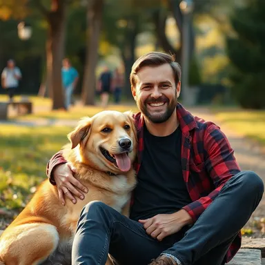 a man sitting with his dog, warm natural lighting, friendly casual scene