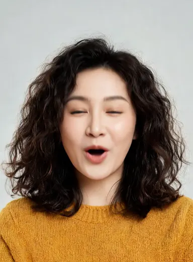 Studio portrait of a friendly woman in her 30s with curly dark hair, warm smile, mustard sweater, soft neutral backdrop, faci