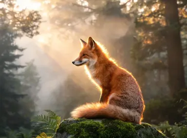 Slow cinematic push-in, mist drifting through the trees, the fox slowly turns its head toward camera