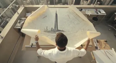 A contemporary architect unfurls a massive hand-drawn blueprint across a sunlit rooftop studio in Sao Paulo; slow overhead cr