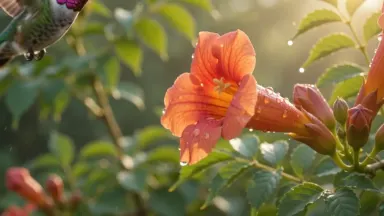 A hummingbird hovering at a trumpet flower in golden morning light, wings a soft blur, dew sparkling, macro cinematic shot