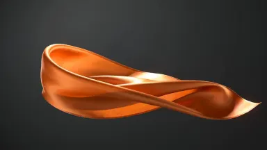 A ribbon of orange silk unfurling in slow motion against deep charcoal, studio light catching the folds, premium abstract com