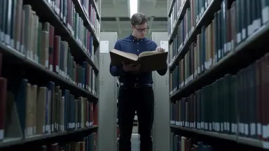 Compressed stacks of a university library slowly parting on motorized rails to reveal a researcher standing inside reading a