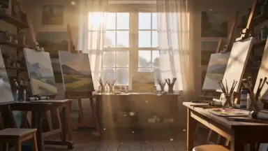 Slow dolly through a sunlit artist's studio, dust motes glowing in warm light, brushes and canvases passing softly out of foc