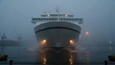 A double-decker ferry reversing into a fog-wrapped harbor berth at dawn, bow thrusters churning the water copper beneath the 