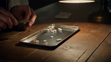 Pharmacist counting small white tablets onto a counting tray at a wooden dispensary counter lit by a single overhead lamp, ca