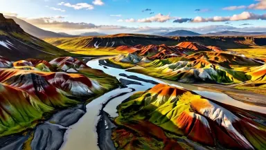 Aerial landscape of Iceland's Landmannalaugar rhyolite highlands at midsummer, camera drifting forward on a slow push while p