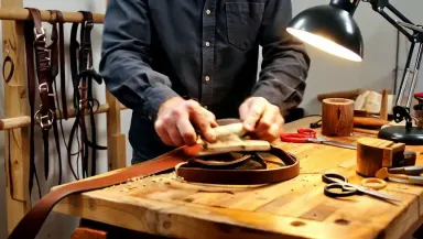 Master saddler burnishing a bridle-leather strap with a bone slicker on a workbench, camera on a slow push in from medium to 