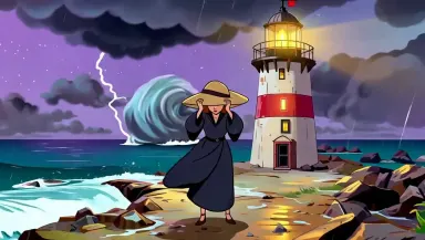 Illustrated anime lighthouse keeper sheltering under a broad oilskin hat on a storm-battered cliff, camera slowly pulling bac