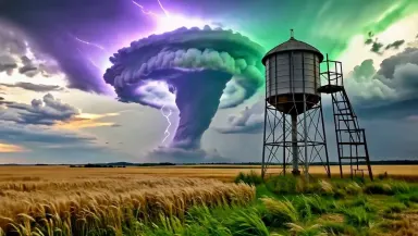 Stormy supercell rotating over a flat wheat plain at dusk, camera on a slow dolly out from a lone grain elevator in the foreg