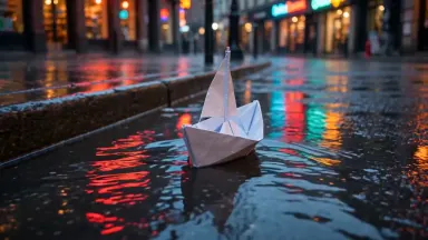 A paper sailboat drifting down a rain-soaked city gutter at dusk, neon reflections rippling in the water, cinematic close tra