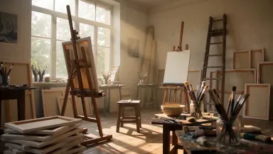 Slow dolly through a sunlit artist's studio, dust motes glowing in warm light, brushes and canvases passing softly out of foc