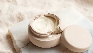 Hold the camera static and rack focus slowly from the rough alabaster edge in the foreground to the pale balm surface inside