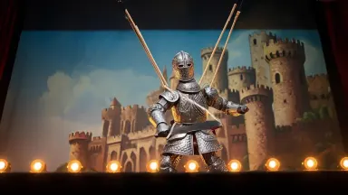 Tilt up slowly from the knight's armored boots and swinging sword through the ornate tin breastplate to the painted wooden fa