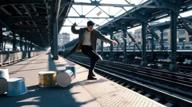 Camera whip pans sharply left to right following the dancer as he shifts stance and strikes the buckets in a rapid fill, moti