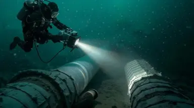 Camera drifts handheld with slight yaw and heave as the diver moves the survey rig slowly along the concrete mattress surface