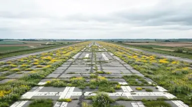 Camera tilts upward slowly from the near end of the faint runway stripes across the full meadow length to the distant treelin