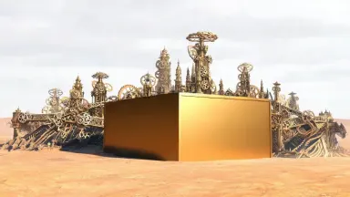 The clockwork city folds continuously inward, towers telescoping down, bridges retracting, spires rotating flat as the whole 