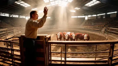 The auctioneer gestures and calls, cattle shifting slowly in the pen below. Camera tilts down slowly from the auctioneer's ra