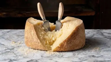 Tilt the camera slowly downward from the crumbly crystalline apex of the cheese wedge to the marble counter surface, small sh
