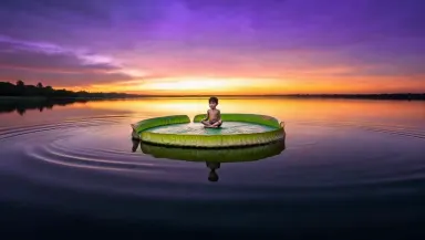 Drift the camera gently on a slow handheld float across the lagoon surface toward the lily pad, the water surface rippling in
