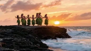Camera drifts handheld left to right across the troupe, ti-leaf skirts swaying and rippling with each hip motion, hair and le