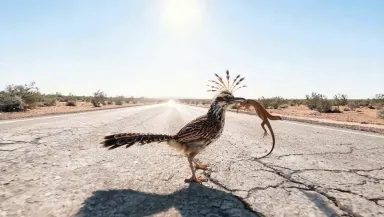 Camera pushes in slowly toward the sprinting roadrunner as it runs across the frame, heat shimmer rising off the asphalt, the