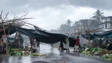Camera orbits counterclockwise around the chaotic market scene, rain streaks shifting angle with the camera's movement, tarpa