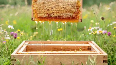 Rack focus pulls slowly from the sharp honeycomb cells in the foreground to the long amber honey threads falling below, then 